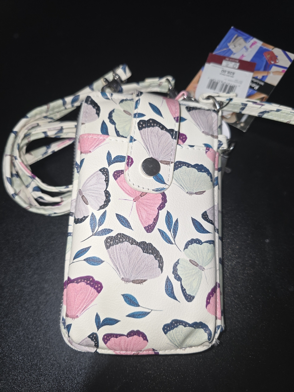 mundi NWT Cream Crossbody Wristlet with Pink, Green & Lavender Butterflies